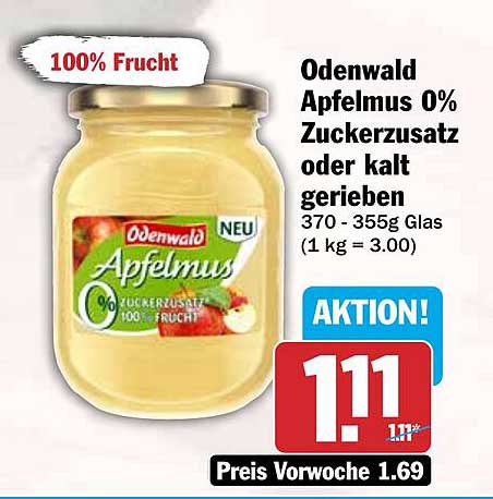 Odenwald Apfelmus 0% Zuckerzusatz oder kalt gerieben