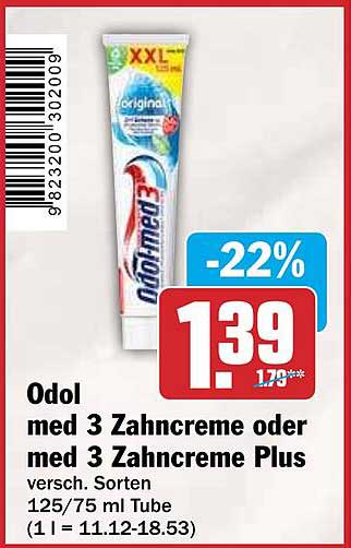 Odol med 3 Zahncreme oder med 3 Zahncreme Plus versch. Sorten 125/75 ml Tube (1 l = 11.12-18.53)