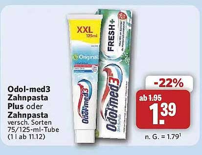 Odol-med3 Zahnpasta Plus oder Zahnpasta versch. Sorten 75/125-ml-Tube (1 l ab 11.12)
