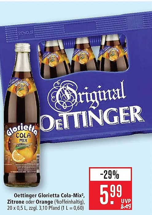Oettinger Glorietta Cola-Mix², Zitrone oder Orange (*koffeinhaltig), 20 x 0,5 L, zzgl. 3,10 Pfand (1 L = 0,60)
