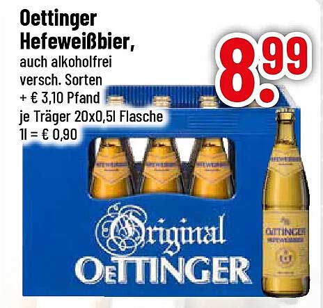 Oettinger Hefeweissbier, auch alkoholfrei versch. Sorten + € 3,10 Pfand je Träger 20x0,5l Flasche 1l = € 0,90