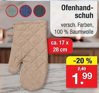 Ofenhandschuh versch. Farben, 100 % Baumwolle