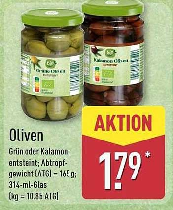 Oliven Grün oder Kalamon; entsteint; Abtropfgewicht (ATG) = 165 g; 314-ml-Glas