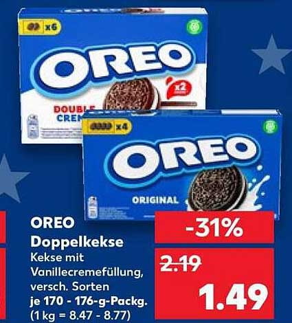 OREO Doppelkekse Kekse mit Vanillecremefüllung, versch. Sorten je 170 - 176-g-Packg. (1 kg = 8.47 - 8.77)