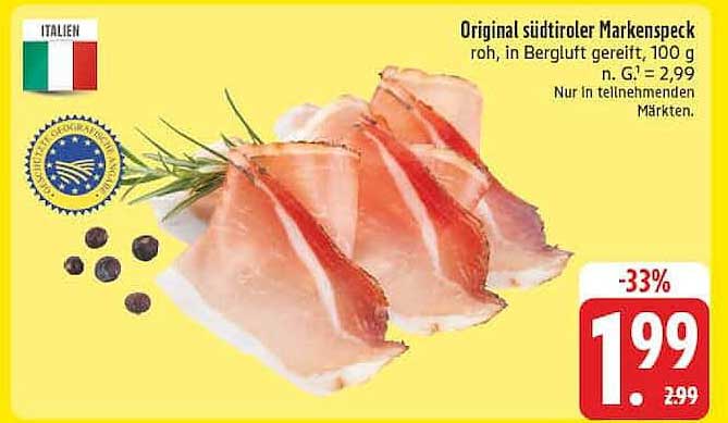 Original südtiroler Markenspeck roh, in Bergluft gereift, 100 g