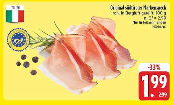 Original südtiroler Markenspeck roh, in Bergluft gereift, 100 g