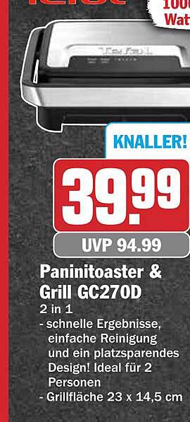 Paninitoaster & Grill GC270D 2 in 1 - schnelle Ergebnisse, einfache Reinigung und ein platzsparendes Design! Ideal für 2 Personen - Grillfläche 23 x 14,5 cm