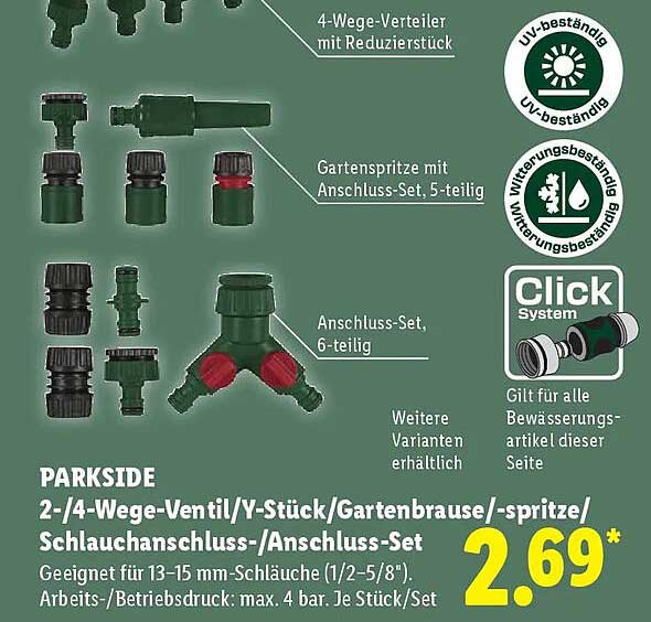 PARKSIDE 2-/4-Wege-Ventil/Y-Stück/Gartenbrause/-spritze/ Schlauchanschluss-/Anschluss-Set