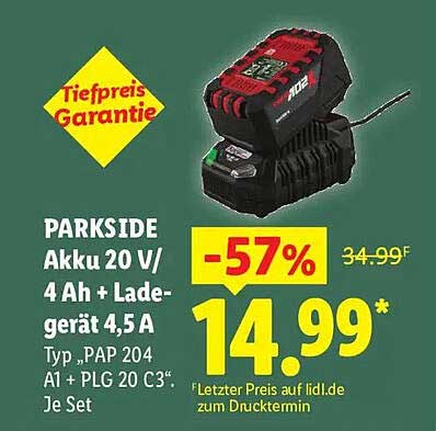 PARKSIDE Akku 20 V/ 4 Ah + Ladegerät 4,5 A Typ „PAP 204 A1 + PLG 20 C3“. Je Set