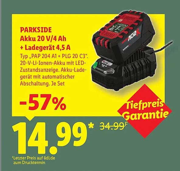 PARKSIDE Akku 20 V/4 Ah + Ladegerät 4,5 A