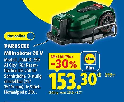 PARKSIDE Mähroboter 20 V Modell „PAMRC 250 A1 City“. Für Rasenflächen bis 250 m². Schnitthöhe: 3-stufig einstellbar (25/35/45 mm). Je Stück. Normalpreis: 219.-