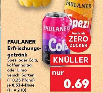 PAULANER Erfrischungsgetränk Spezi oder Cola, koffeinhaltig, oder Limo, versch. Sorten (+ 0.25 Pfand) je 0.33-l-Dose (1 l = 2.10)