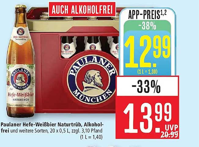 Paulaner Hefe-Weißbier Naturtrüb, Alkohol-frei und weitere Sorten, 20 x 0,5 L, zzgl. 3,10 Pfand (1 L = 1,40)