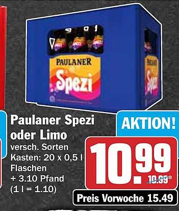 Paulaner Spezi oder Limo versch. Sorten Kasten: 20 x 0,5 l Flaschen + 3.10 Pfand (1 l = 1.10)