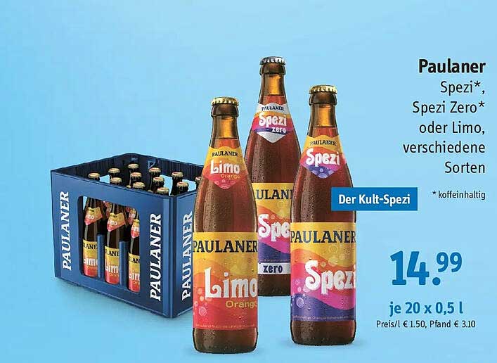 Paulaner Spezi*, Spezi Zero* oder Limo, verschiedene Sorten