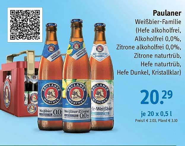 Paulaner Weißbier-Familie (Hefe alkoholfrei, Alkoholfrei 0,0%, Zitrone alkoholfrei 0,0%, Zitrone naturtrüb, Hefe naturtrüb, Hefe Dunkel, Kristallklar)