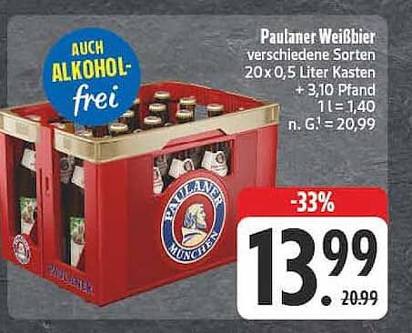 Paulaner Weissbier verschiedene Sorten 20 x 0,5 Liter Kasten + 3,10 Pfand 1 l = 1,40 n. G. = 20,99