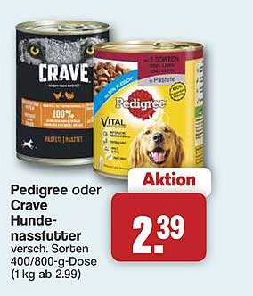 Pedigree oder Crave Hundefutter versch. Sorten 400/800-g-Dose (1 kg ab 2.99)