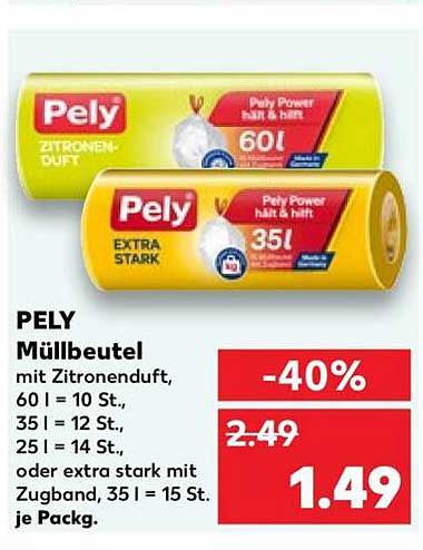 PELY Müllbeutel mit Zitronenduft, 60 l = 10 St., 35 l = 12 St., 25 l = 14 St., oder extra stark mit Zugband, 35 l = 15 St. je Packg.