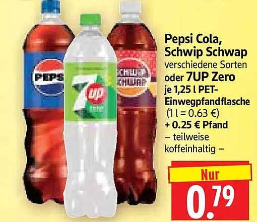 Pepsi Cola, Schwip Schwap verschiedene Sorten oder 7UP Zero je 1,25 l PET-Einwegpfandflasche