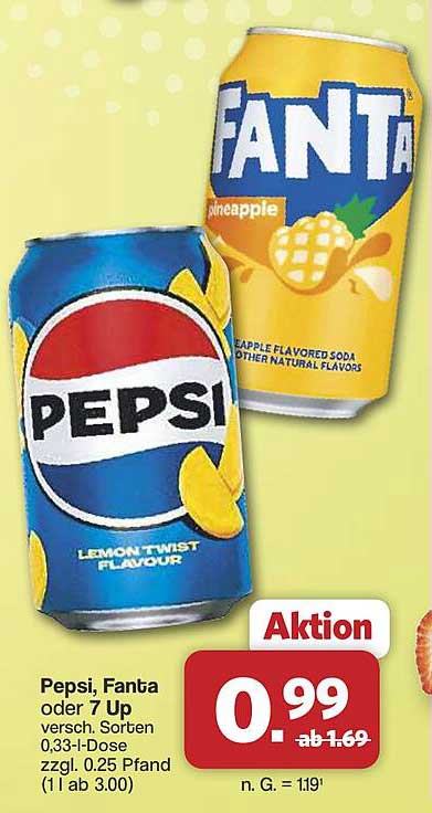 Pepsi, Fanta oder 7 Up versch. Sorten 0,33-l-Dose zzgl. 0.25 Pfand (1 l 3.00)