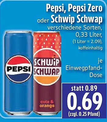 Pepsi, Pepsi Zero oder Schwip Schwap verschiedene Sorten, 0,33 Liter, (1 Liter = 2,09), koffeinhaltig