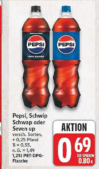 Pepsi, Schwip Schwap oder Seven up versch. Sorten, + 0,25 Pfand 1l = 0,55, n. G. = 1,49, 1,25l PET-DPG-Flasche