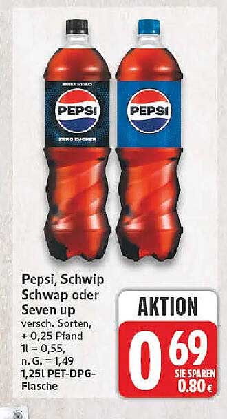 Pepsi, Schwip Schwap oder Seven up versch. Sorten, + 0,25 Pfand 1l = 0,55, n.G.= 1,49, 1,25l PET-DPG-Flasche