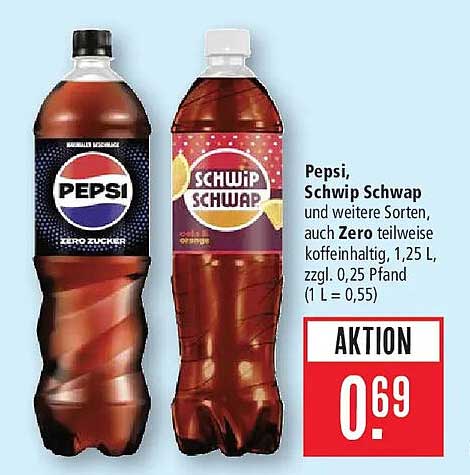 Pepsi, Schwip Schwap und weitere Sorten, auch Zero teilweise koffeinhaltig, 1,25 L, zzgl. 0,25 Pfand (1 L = 0,55)