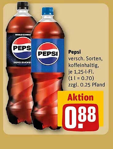 Pepsi versh. Sorten, koffeinhaltig, je 1,25-l-Fl. (1 l = 0.70) zzgl. 0.25 Pfand