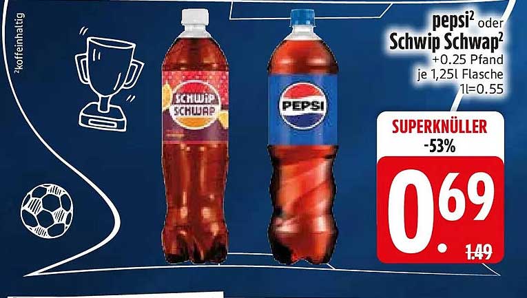 pepsi² oder Schwip Schwap² + 0,25 Pfand je 1,25l Flasche 1l=0.55