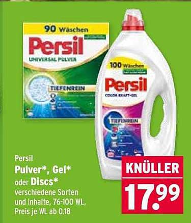 Persil Pulver*, Gel* oder Discs* verschiedene Sorten und Inhalte, 76-100 WL, Preis je WL ab 0.18