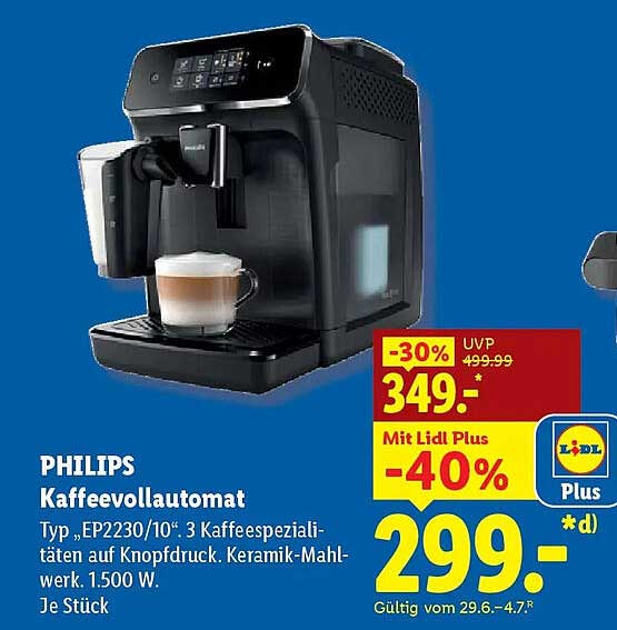 PHILIPS Kaffeevollautomat Typ „EP2230/10“. 3 Kaffeespezialitäten auf Knopfdruck. Keramik-Mahlwerk.  Je Stück