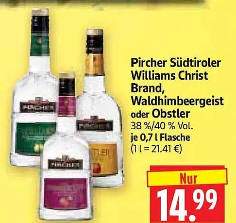 Pircher Südtiroler Williams Christ Brand, Waldhimbeergeist oder Obstler