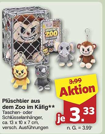 Plüschtier aus dem Zoo im Käfig** Taschen- oder Schlüsselanhänger, ca. 13 x 10 x 7 cm, versch. Ausführungen