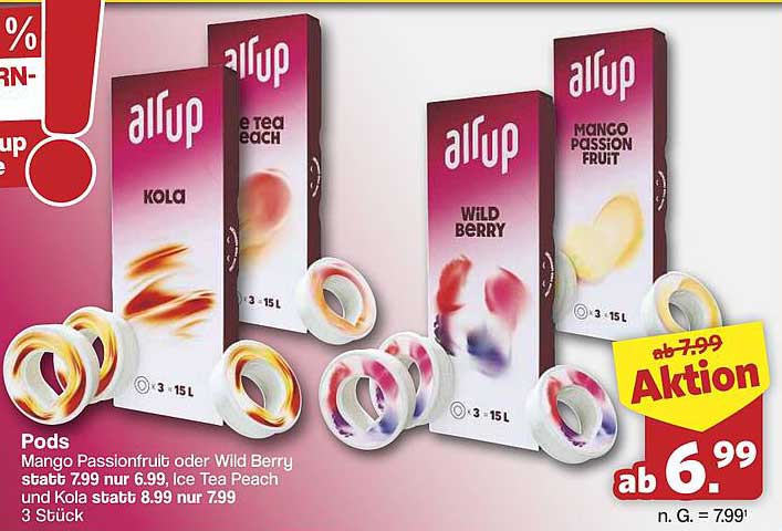 Pods Mango Passionfruit oder Wild Berry statt 7.99 nur 6.99, Ice Tea Peach und Kola statt 6.99 nur 7.99 3 Stück