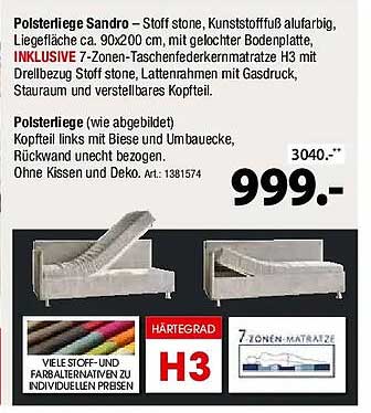 Polsterliege Sandro – Stoff stone, Kunststofffuß alufarbig, Liegefläche ca. 90x200 cm, mit gelöchter Bodenplatte, INKLUSIVE 7-Zonen-Taschenfederkernmatratze H3 mit Dreibezug Stoff stone, Lattenrahmen mit Gasdruck, Stauraum und verstellbares Kopfteil.