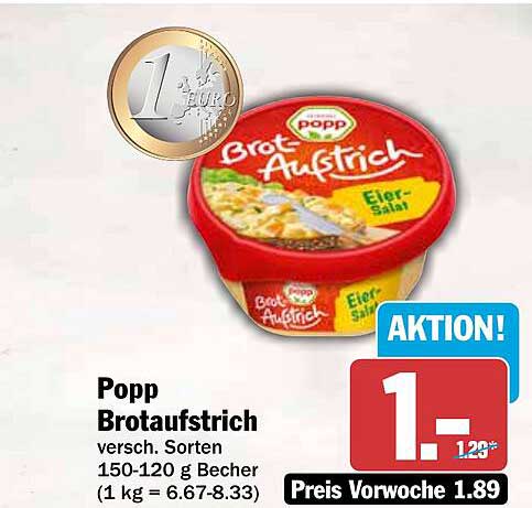 Popp Brotaufstrich versc. Sorten 150-120 g Becher (1 kg = 6.67-8.33)