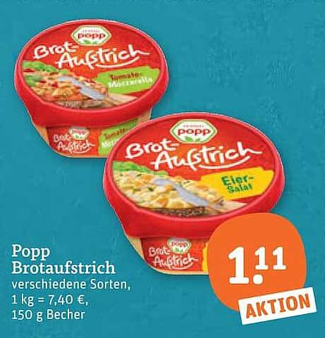 Popp Brotaufstrich verschiedene Sorten, 1 kg = 7,40 €, 150 g Becher