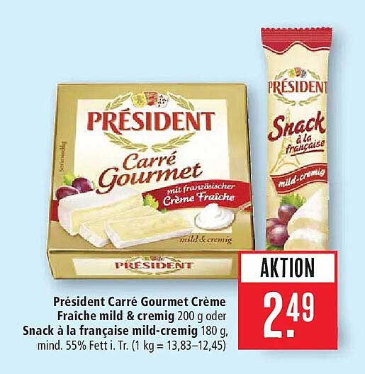 Président Carré Gourmet Crème Fraîche mild & cremig 200 g oder Snack à la française mild-cremig 180 g, mind. 55% Fett i. Tr. (1 kg = 13,83–12,45)