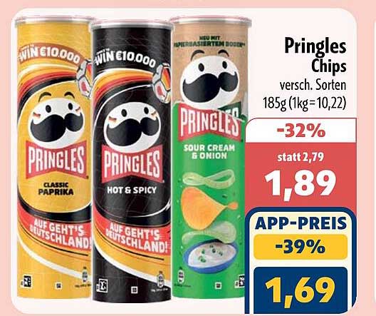 Pringles Chips versch. Sorten 185g (1kg=10,22)