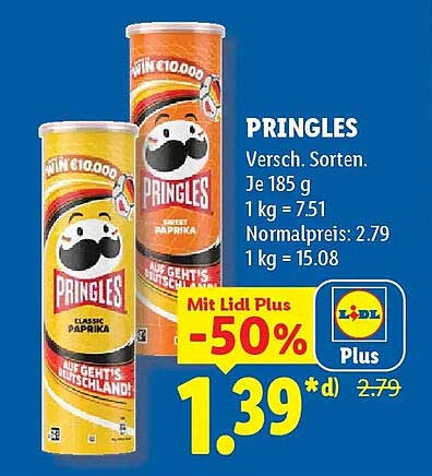 PRINGLES Versch. Sorten. Je 185 g 1 kg = 7.51 Normalpreis: 2.79 1 kg = 15.08