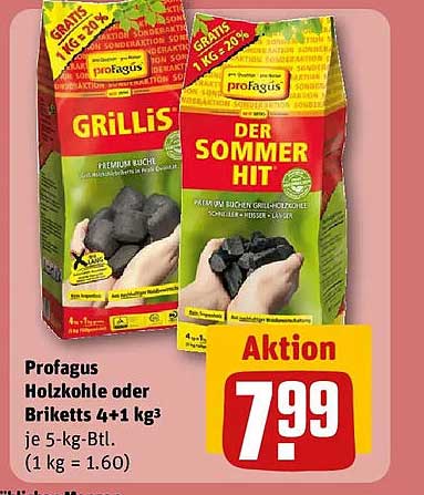 Profagus Holzkohle oder Briketts 4+1 kg³ je 5-kg-Btl. (1 kg = 1.60)