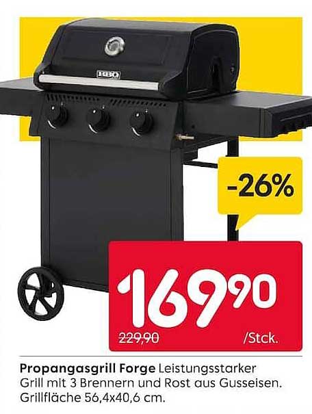 Propangasgrill Forge Leistungsstarker Grill mit 3 Brennern und Rost aus Gusseisen. Grillfläche 56,4x40,6 cm.