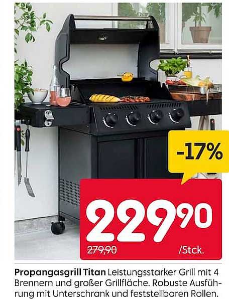 Propangasgrill Titan Leistungsstarker Grill mit 4 Brennern und großer Grillfläche. Robuste Ausführung mit Unterschrank und feststellbaren Rollen.