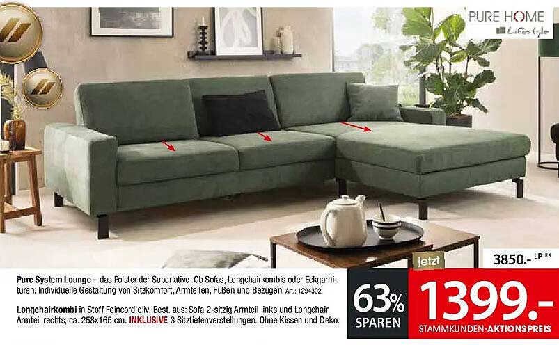 Pure System Lounge – das Polster der Superlative. Ob Sofas, Longchairkombis oder Eckgarnituren. Individuelle Gestaltung von Sitzkomfort, Armteilen, Füßen und Bezügen.