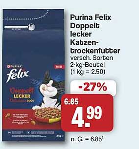 Purina Felix Doppelt lecker Katzentrockenfutter, versch. Sorten, 2-kg-Beutel (1 kg = 2.50)