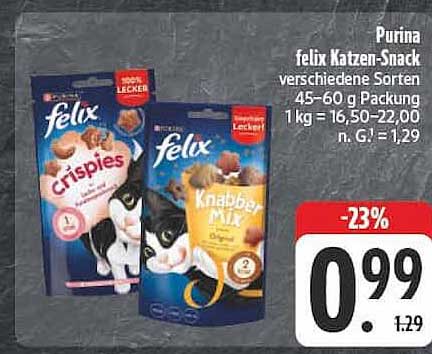 Purina felix Katzen-Snack verschiedene Sorten 45–60 g Packung 1 kg = 16,50–22,00
