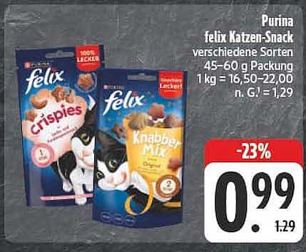 Purina felix Katzen-Snack verschiedene Sorten 45-60 g Packung 1 kg = 16,50-22,00 n. G. = 1,29