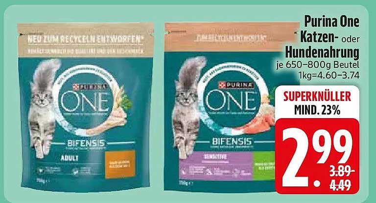 Purina One Katzen- oder Hundenahrung je 650–800g Beutel